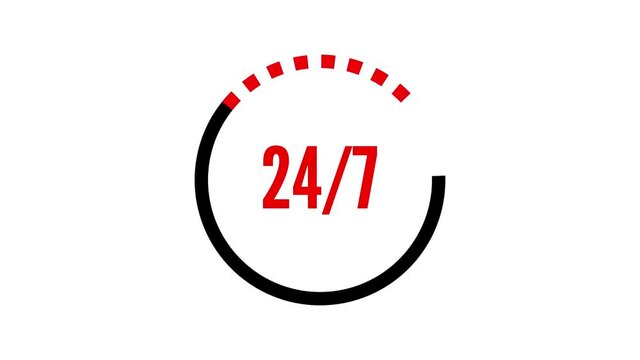 24/7 icon Animation. 24 hours per 7 days open service clock on white background 