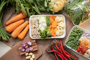 Fresh vegetables to make soup in polyethylene polymer foam packaging