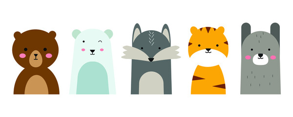 set of cute animal illustrations in flat design style. a simple drawing of an animal's head. bear, fox, tiger, etc. an element vector decoration for kid's design.