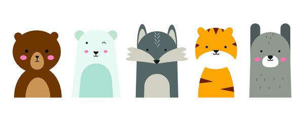 set of cute animal illustrations in flat design style. a simple drawing of an animal's head. bear, fox, tiger, etc. an element vector decoration for kid's design. © freeject.net