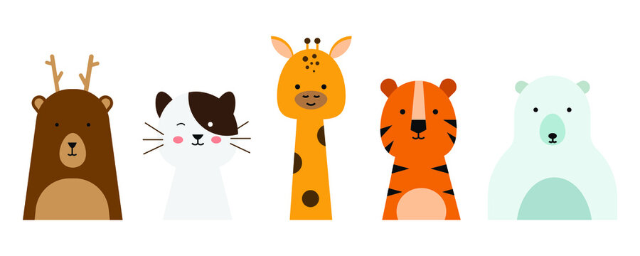set of cute animal illustrations in flat design style. a simple drawing of an animal's head. cat, giraffe, tiger, etc. an element vector decoration for kid's design.