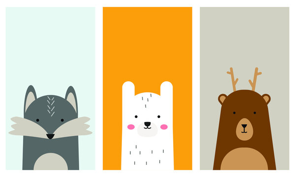 Set Of Cute Animal Illustrations For Phone Lock Screen And Wallpaper. Winter Animals Collection. Editable Vector In Flat Design Style.