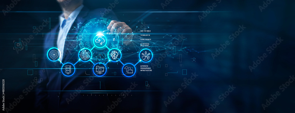 Poster Cloud the next big thing, Technology 5G, Global business, Save the world, Automated programmable infrastructure, Businessman touching connect to data information on cloud computing network cyberspace.
