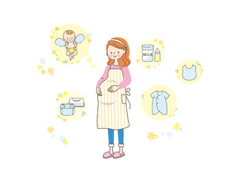 出産の準備を考える妊婦とベビー用品セット
