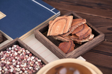 Traditional Chinese medicine Sophora japonica in a wooden box