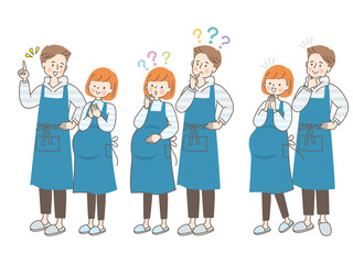 妊娠中の女性とエプロン姿の夫のセット