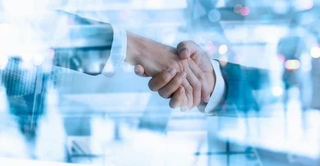 Foto op Plexiglas Businessman partners handshake for successful of investment deal and finishing up a meeting. Financial, marketing and teamwork . © ipopba