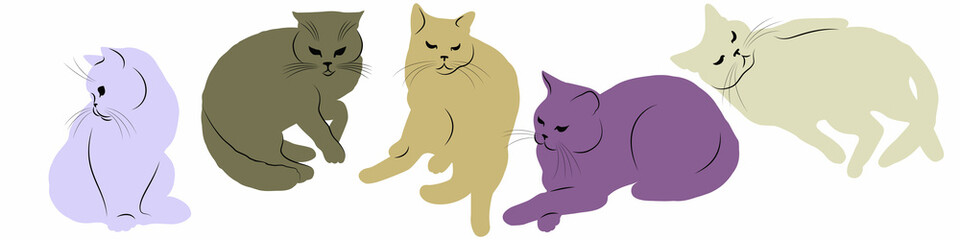 set of colorful cats on a white background