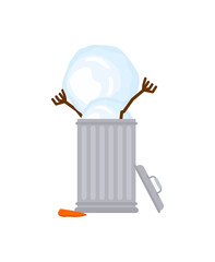 Snowman in trash can. Throw away snowman. Throw holiday in trash. End of holidays concept.