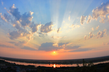 View of the Irtysh River and a beautiful sunset in the city of Tobolsk (fisheye lens)