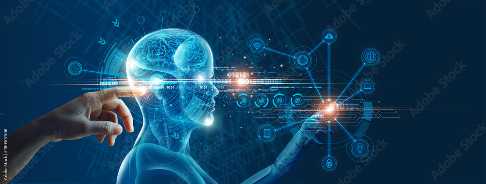 Aufkleber Machine learning. Hand touch a robot on network and binary data. Futuristic Artificial intelligence (AI). Deep Learning. Brain Algorithm. Business internet technology. Big data visualizatio