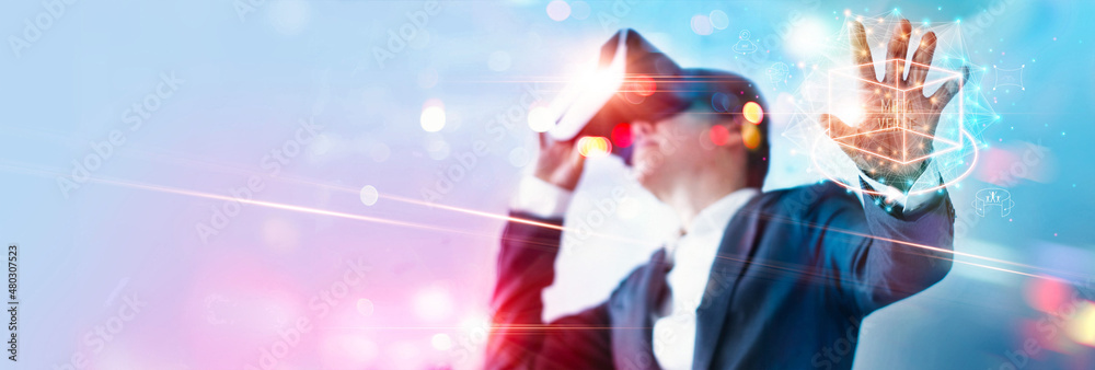 Aufkleber Metaverse Technology concept. Businessman use VR virtual reality goggle and experiences of metaverse virtual world for business future. Visualization, Virtual augmented reality on social network