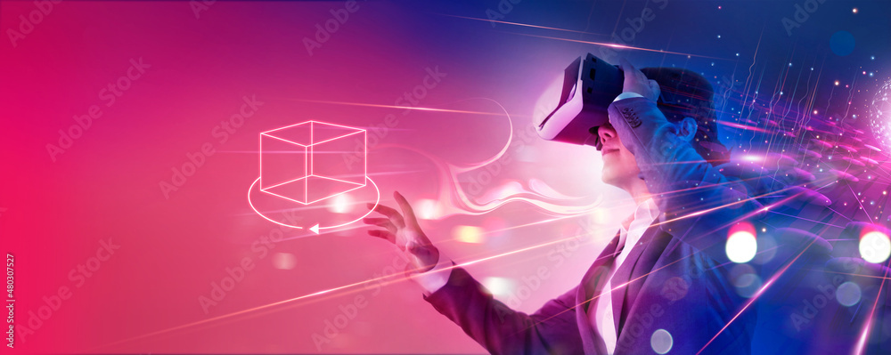 Poster .metaverse technology concept. businessman use vr virtual reality goggle and experiences of metavers