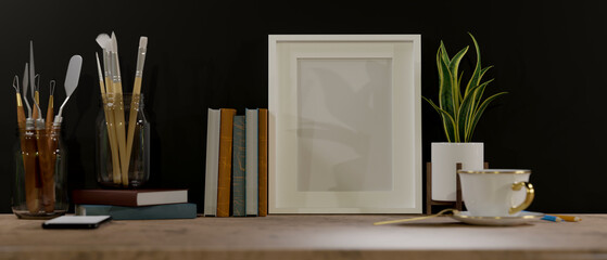 Close-up, A study table or workspace with blank frame mockup on the table