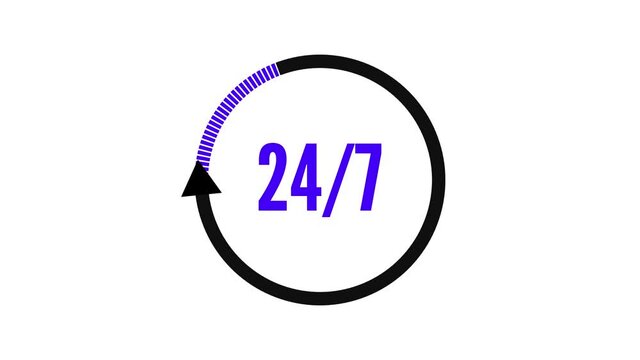 24 Hours per 7 Days Clock Sign Animation on white Background . 24/7 Open Service, Store or online shop. Circle Time icon Animation 