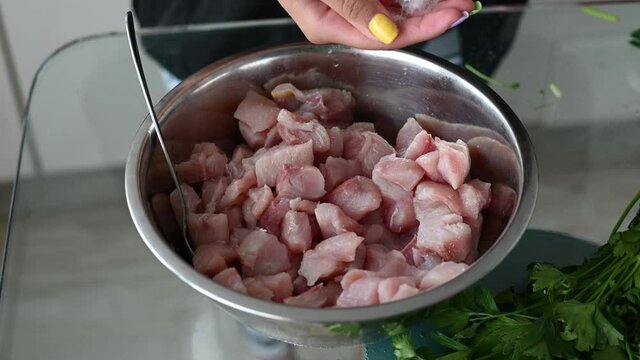 Peruvian food ceviche. 2 Preparation of ceviche mixing with sodium salt