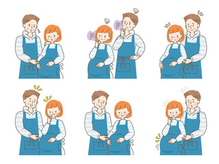 心配する妊婦と寄り添う夫の表情セット