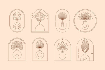 Boho Logos with Vases and Palm Dried Leaves in Modern Minimal Liner Style. Vector Bohemian Frames