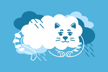 A cat in the form of a cloud among the rain clouds on a blue background. Cute vector illustration.
