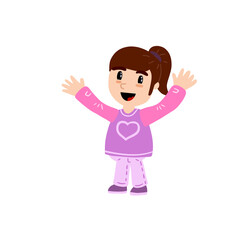 Funny Little girl. Happy child waves hand. Cute Character in pink clothes.