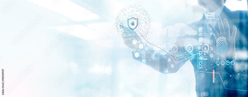 Poster businessman using fingerprint identification to access personal financial data. idea for e-kyc (elec