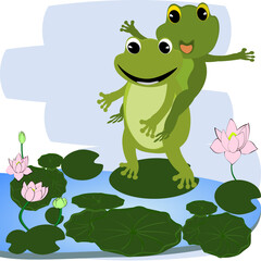Cartoon green frog showing love, bouquet and heart. Amphibian vector illustration.