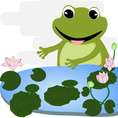 Cartoon green frog showing love, bouquet and heart. Amphibian vector illustration.