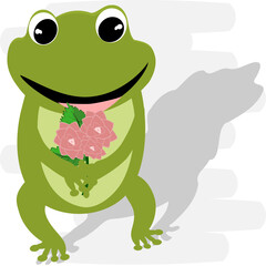 Cartoon green frog showing love, bouquet and heart. Amphibian vector illustration.