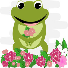 Cartoon green frog showing love, bouquet and heart. Amphibian vector illustration.