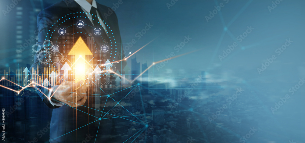 Poster businessman holding arrow graph growth on global network and analyzing sales data and economic growt