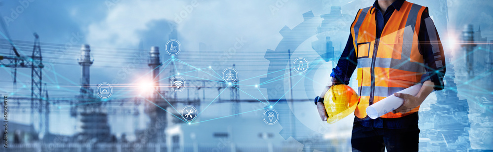 Aufkleber Industrial engineers and icon industry with safety helmet and blueprints checking and analysis data of power plant station project on networking background.