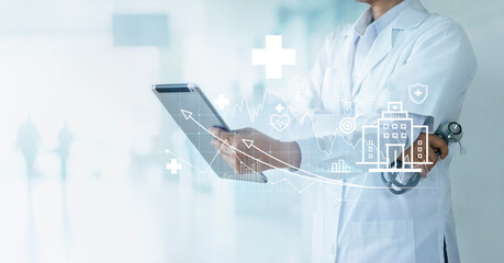 Healthcare business graph data and growth of investment, Doctor using tablet analyzing medical...