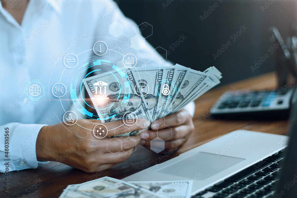 Aufkleber businessman using laptop online banking and payment, digital marketing. finance and banking networki