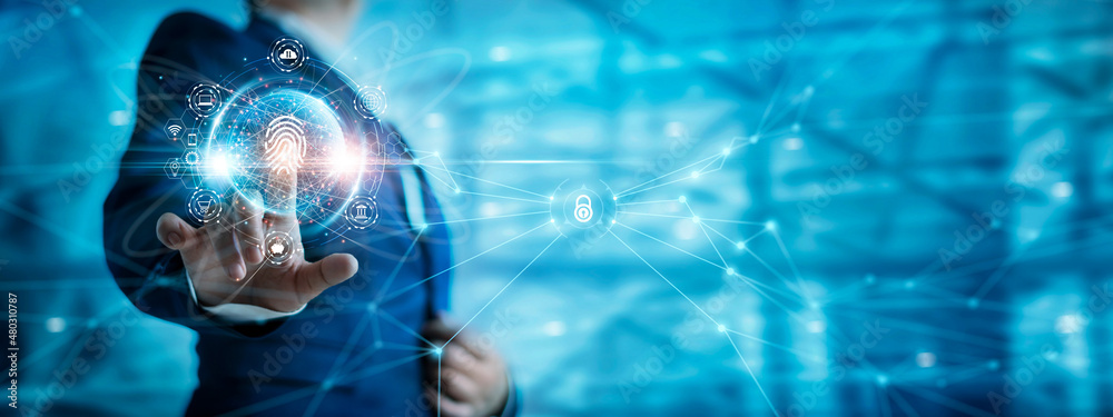 Poster .businessman using fingerprint identification to access personal business and finance data, biometri