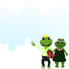 Cartoon green frog showing love, bouquet and heart. Amphibian vector illustration.