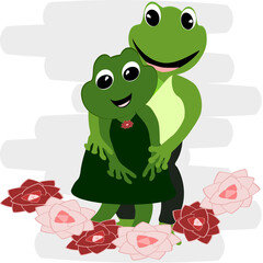 Cartoon green frog showing love, bouquet and heart. Amphibian vector illustration.