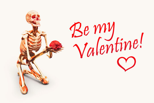 scary card Be my Valentine. skeleton keeps its heart isolated on a white background. Life, love and death concept. immortal love. marriage proposal