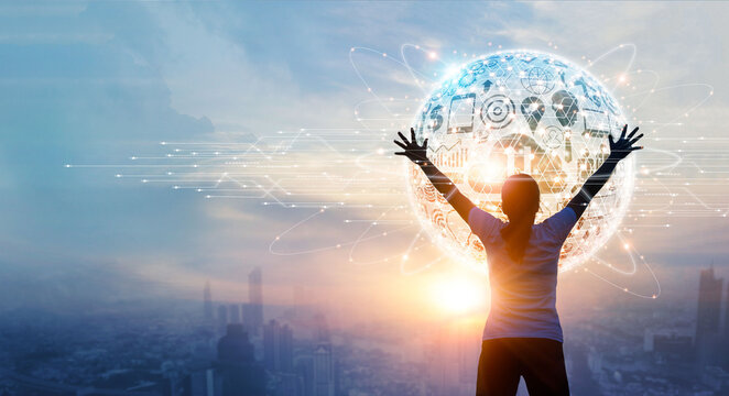 Abstract, Woman touching a big social media network on global connection, Digital network, Internet business, telecom communication on cyberspace.