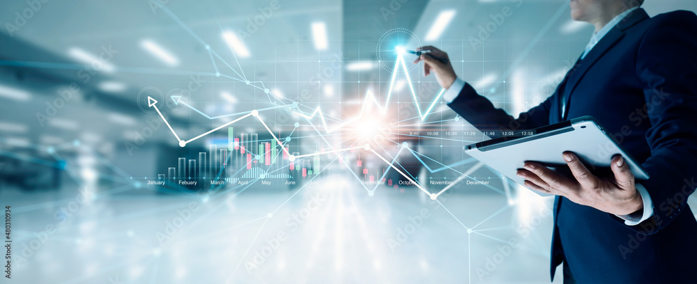 Aufkleber Businessman draw growth graph and progress of business and analyzing financial and investment data ,business planning and strategy, banking and stock market on office background...