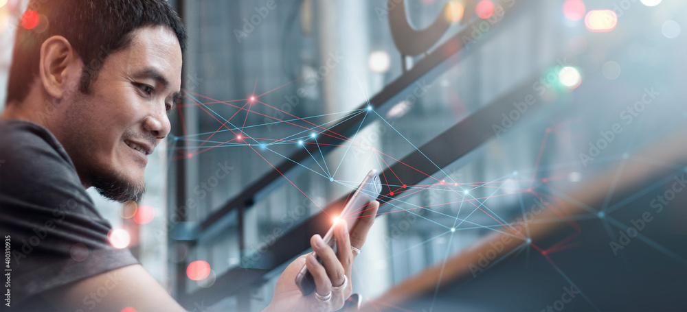 Poster Man using mobile smartphone and online to global social network connecting and digital link to data exchange of business, Banking, Financial, Mobile payment, Online shopping, Technology of lifestyle