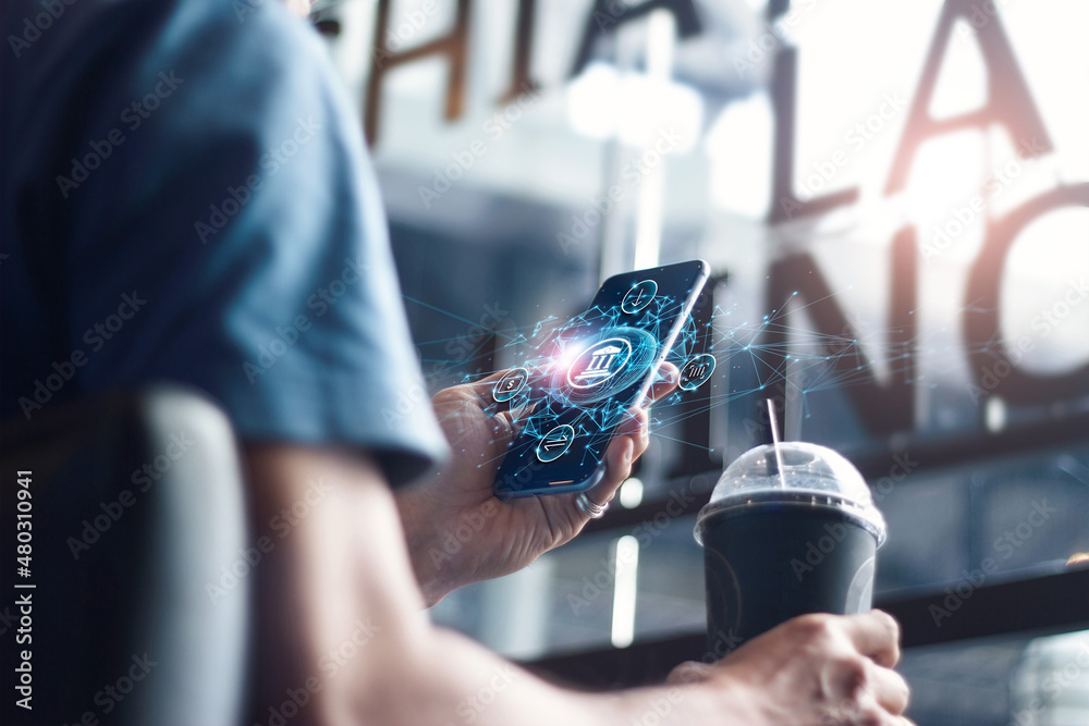 Poster Man using mobile online banking and payment, Digital marketing. Finance and banking networking. Online shopping and icon process banking of customer on network connection, Cyber security of business.