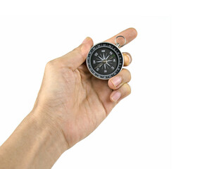Compass on hand isolated on white background.Concept tourism,Hiking.