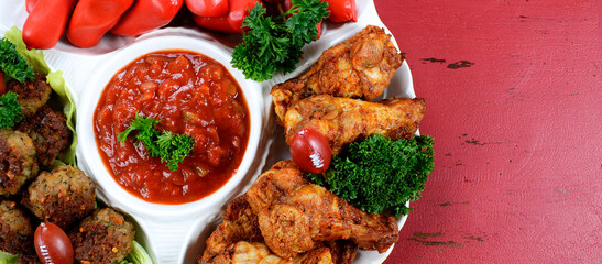 Super Bowl Sunday football party celebration food platter with chicken buffalo wings, meat balls, hot dogs on red wood table, with copy space. Sized to fit popular social media and web banner. - obrazy, fototapety, plakaty