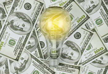 Light bulb with dollar money.Concept Business idea to make money.