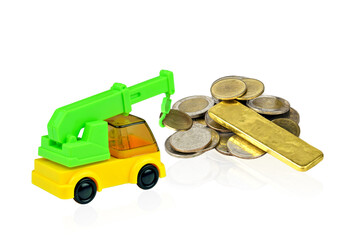 Car,Gold and money isolated on white background