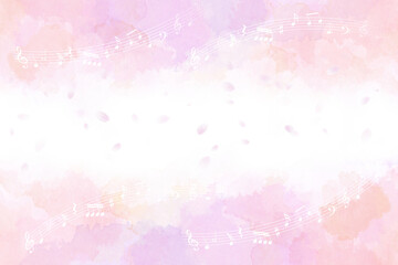桜と音符とパステルカラーの水彩タッチの背景
