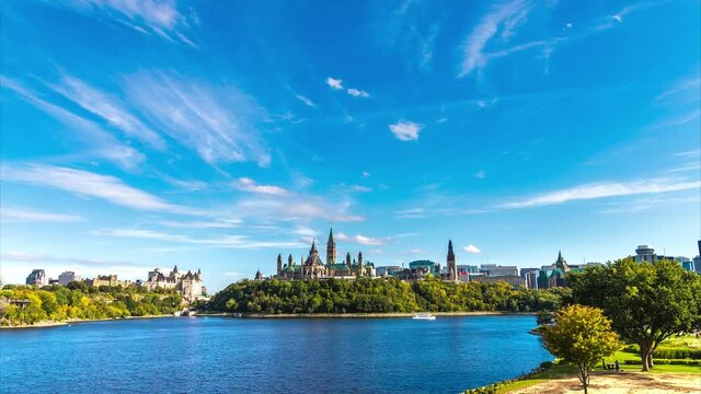 Uhd 4k Timelapse of Canadian Parliament in Ottawa on Parliament  hill  in a sunny day, Canada
