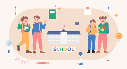 Cute children with school bags are standing waving their hands. Around them are icons of school and school supplies. flat design style vector illustration.