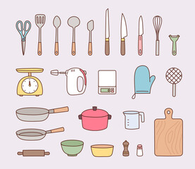 A collection of cooking tools. kitchen utensils. flat design style vector illustration.