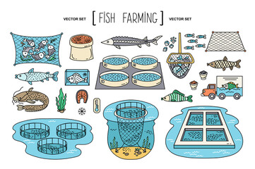 Vector hand drawn set on the theme of fish farming, agriculture, fisheries, fish factory. Isolated colorful doodles, line icons for use in design